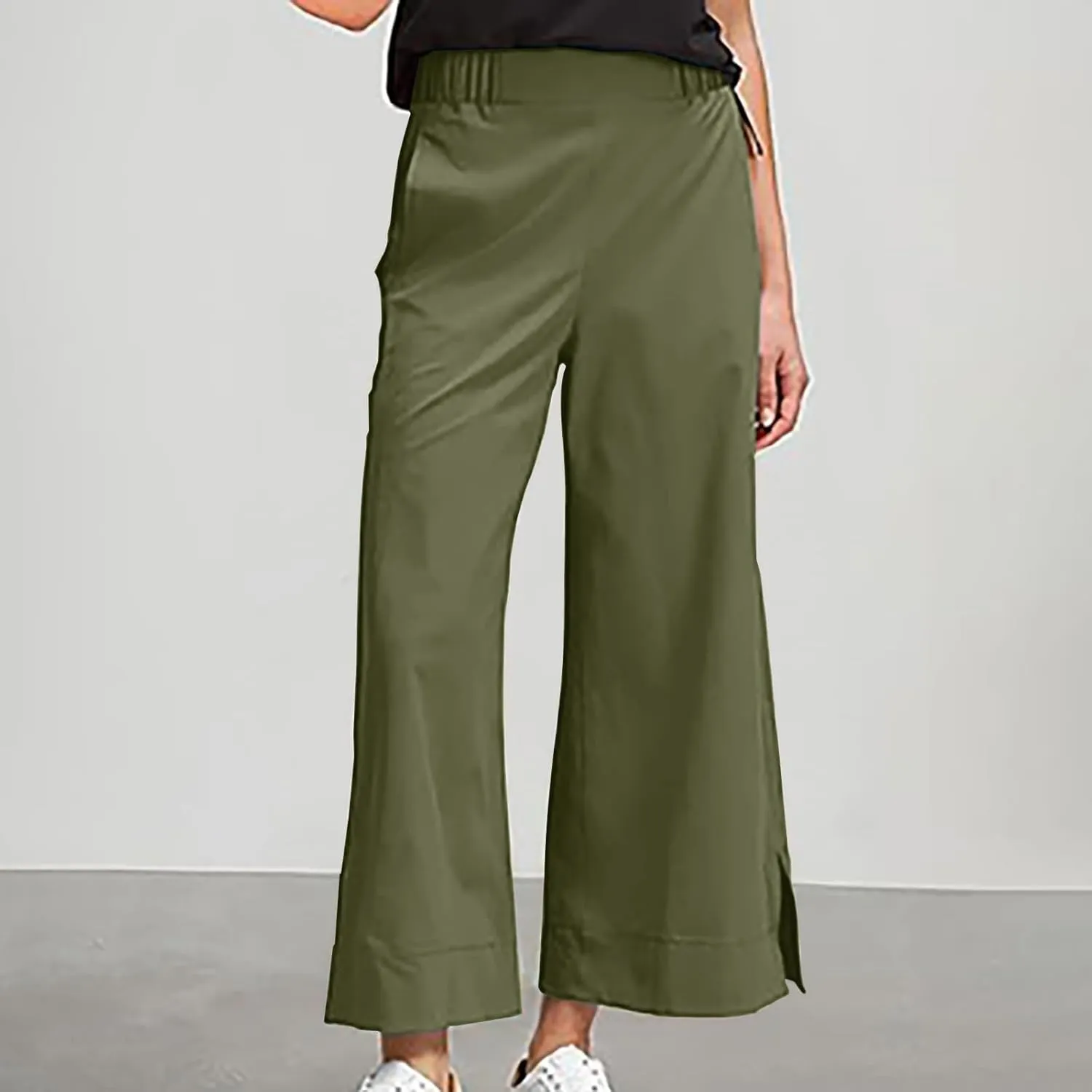 Women Wide Leg Cotton Linen Pants Elastic High Waisted Side Slit Boho Trousers with Pocekts Business Casual Outfits