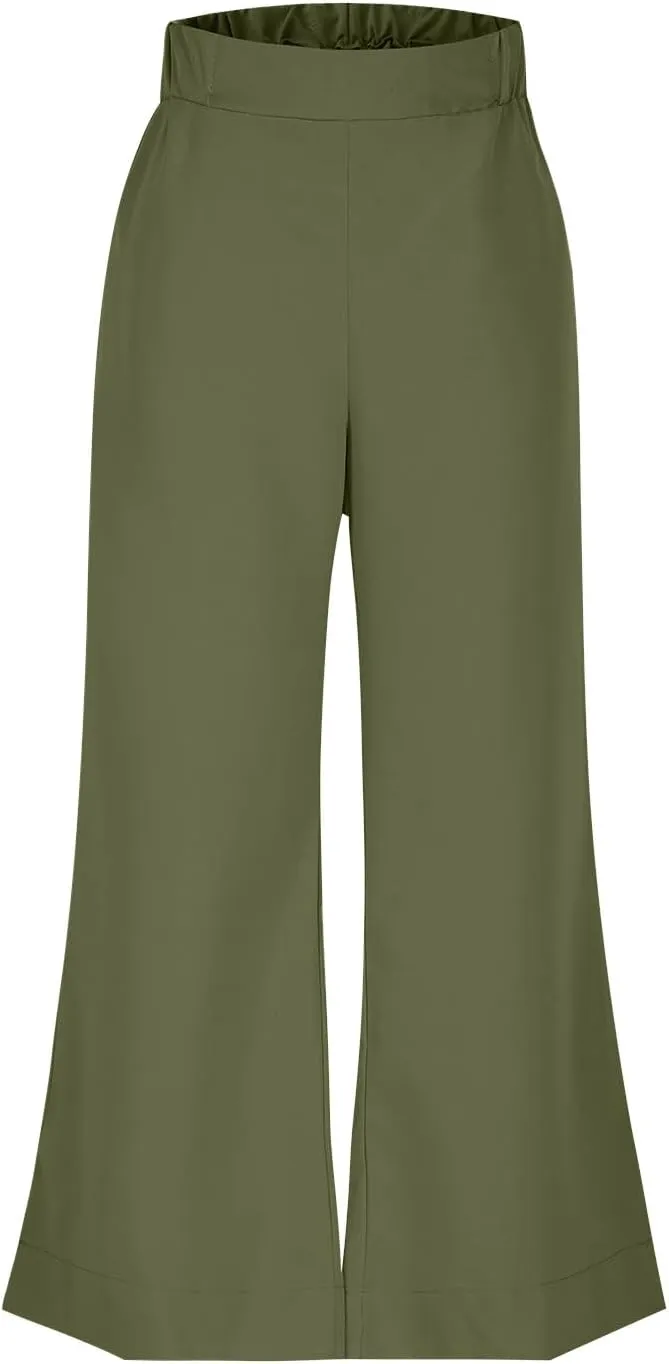 Women Wide Leg Cotton Linen Pants Elastic High Waisted Side Slit Boho Trousers with Pocekts Business Casual Outfits