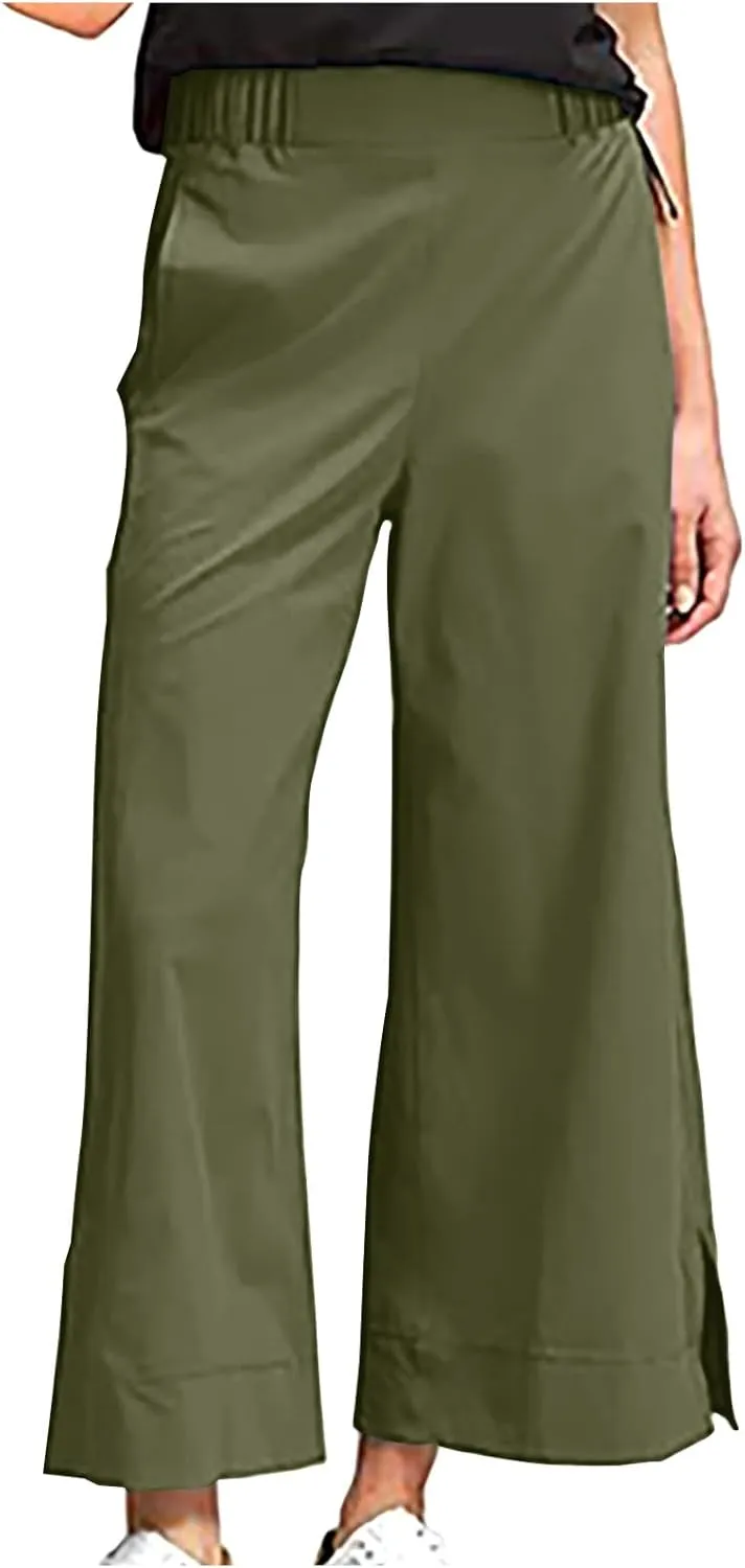 Women Wide Leg Cotton Linen Pants Elastic High Waisted Side Slit Boho Trousers with Pocekts Business Casual Outfits