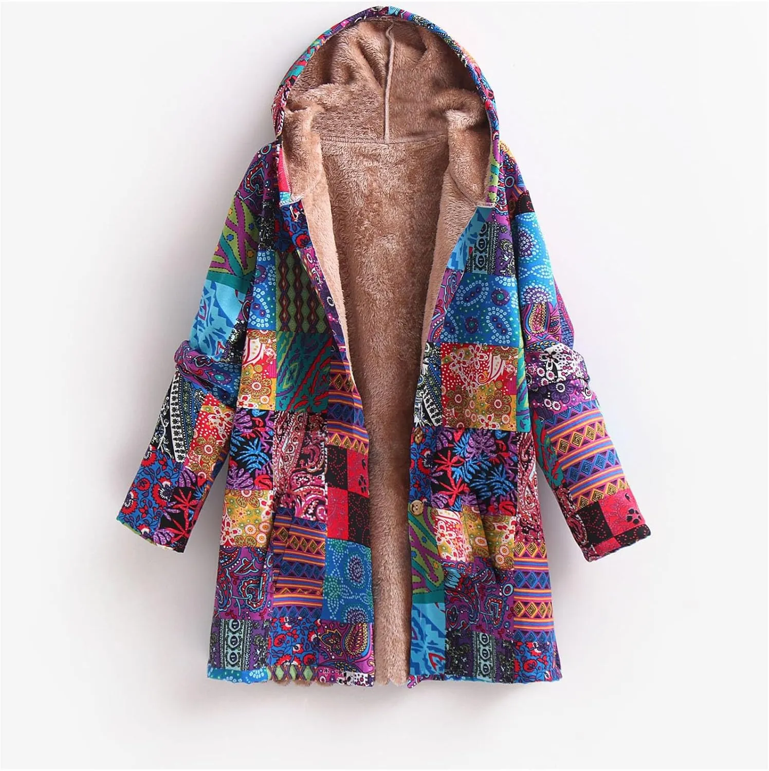 Women Winter Coats Oversized Button down Sherpa Hoodie Ethnic Plaid Print Fleece Lined Coat Fluffy Fuzzy Outerwear