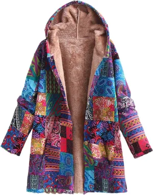 Women Winter Coats Oversized Button down Sherpa Hoodie Ethnic Plaid Print Fleece Lined Coat Fluffy Fuzzy Outerwear