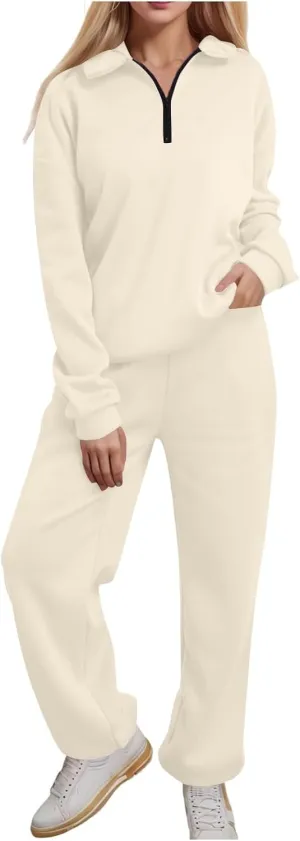 Womens 2 Piece Outfits Lounge Half Zip Hoodie Sweatsuit Sets Oversized Sweatshirt Baggy Fall Fashion Sweatpants A-Beige