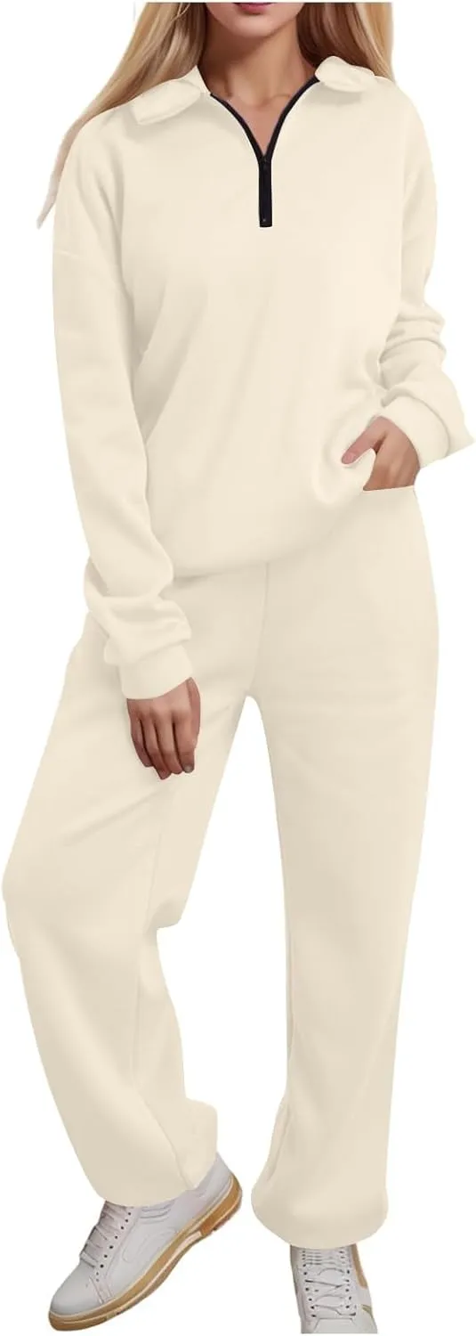 Womens 2 Piece Outfits Lounge Half Zip Hoodie Sweatsuit Sets Oversized Sweatshirt Baggy Fall Fashion Sweatpants A-Beige