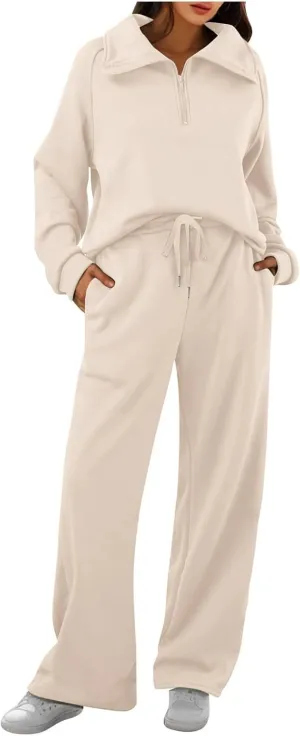 Womens 2 Piece Outfits Lounge Half Zip Hoodie Sweatsuit Sets Oversized Sweatshirt Baggy Fall Fashion Sweatpants Beige