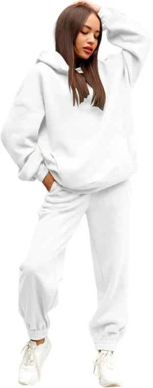 Womens 2 Piece Outfits Lounge Half Zip Hoodie Sweatsuit Sets Oversized Sweatshirt Baggy Fall Fashion Sweatpants C-White