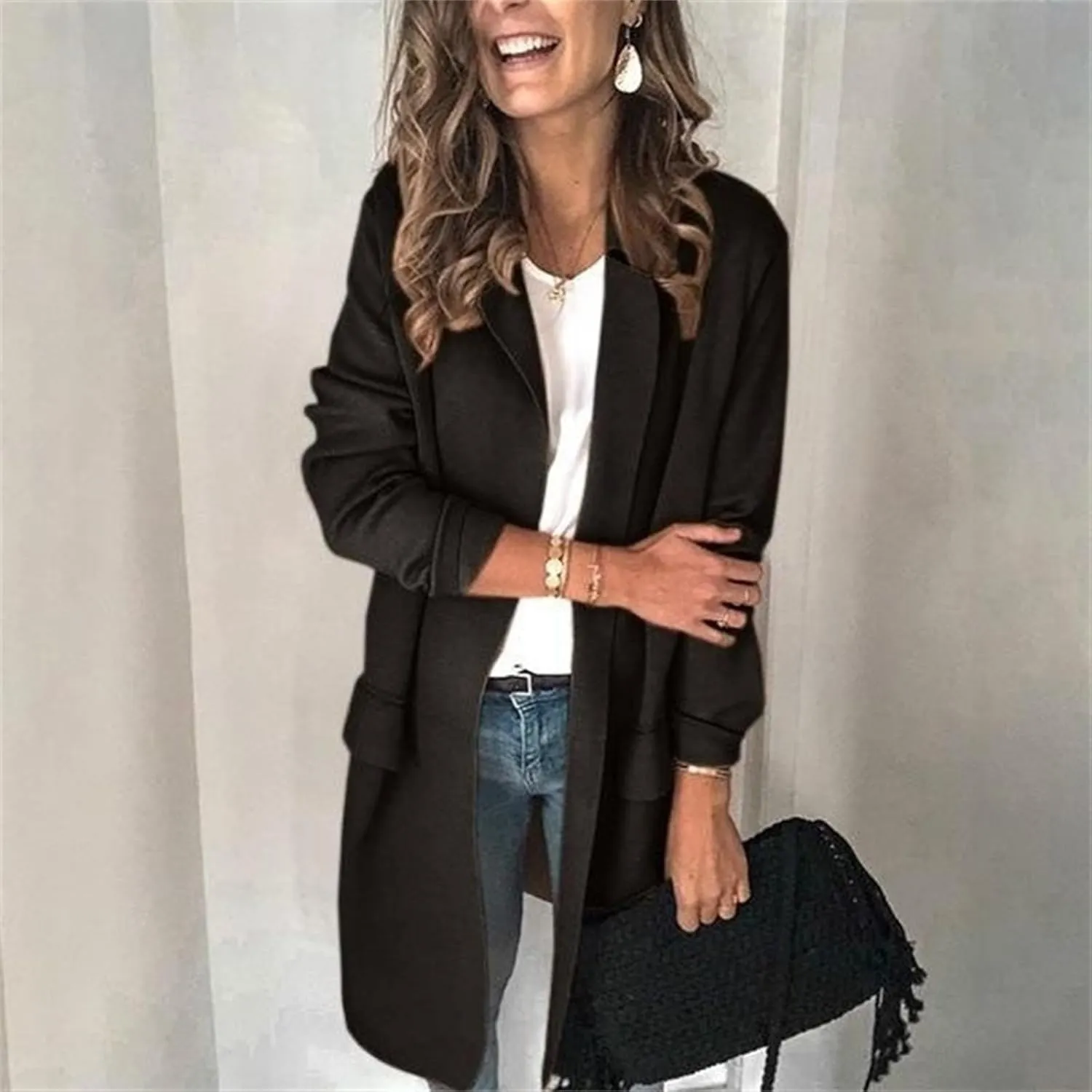 Womens 2023 Long Blazers Casual Open Front Jackets Long Sleeve Lightweight Work Office Jackets Blazer with Pockets