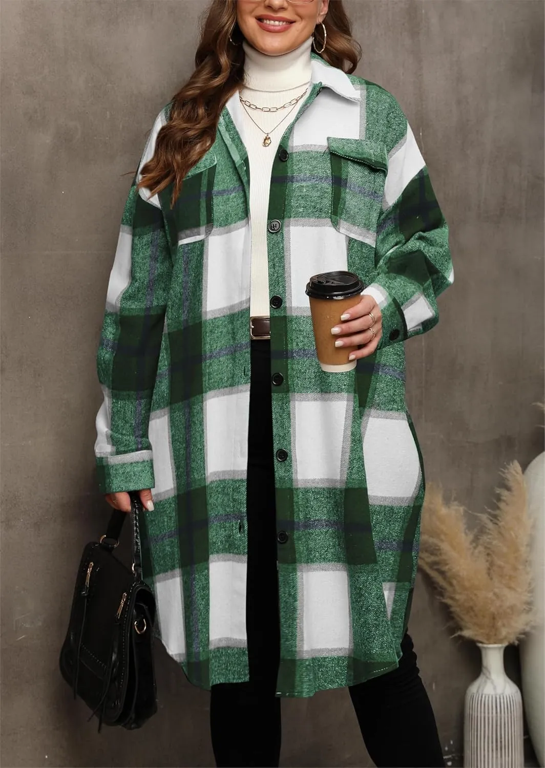 Women's 2025 Plus Size Plaid Flannel Shacket Loose Fit Long Shirts Jacket Tartan Boyfriend Oversized Coat