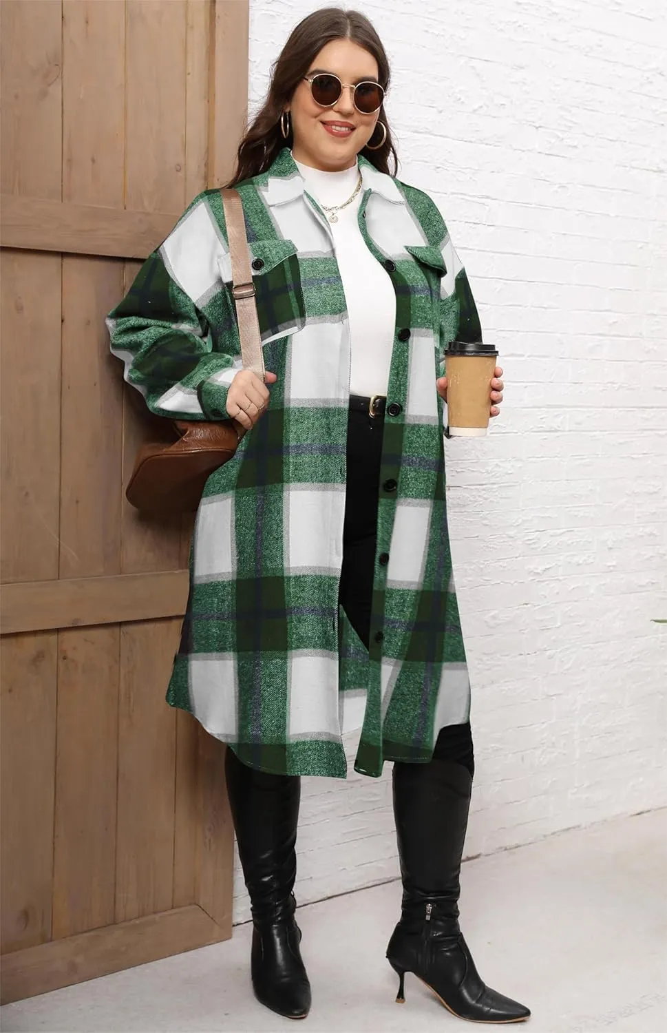 Women's 2025 Plus Size Plaid Flannel Shacket Loose Fit Long Shirts Jacket Tartan Boyfriend Oversized Coat