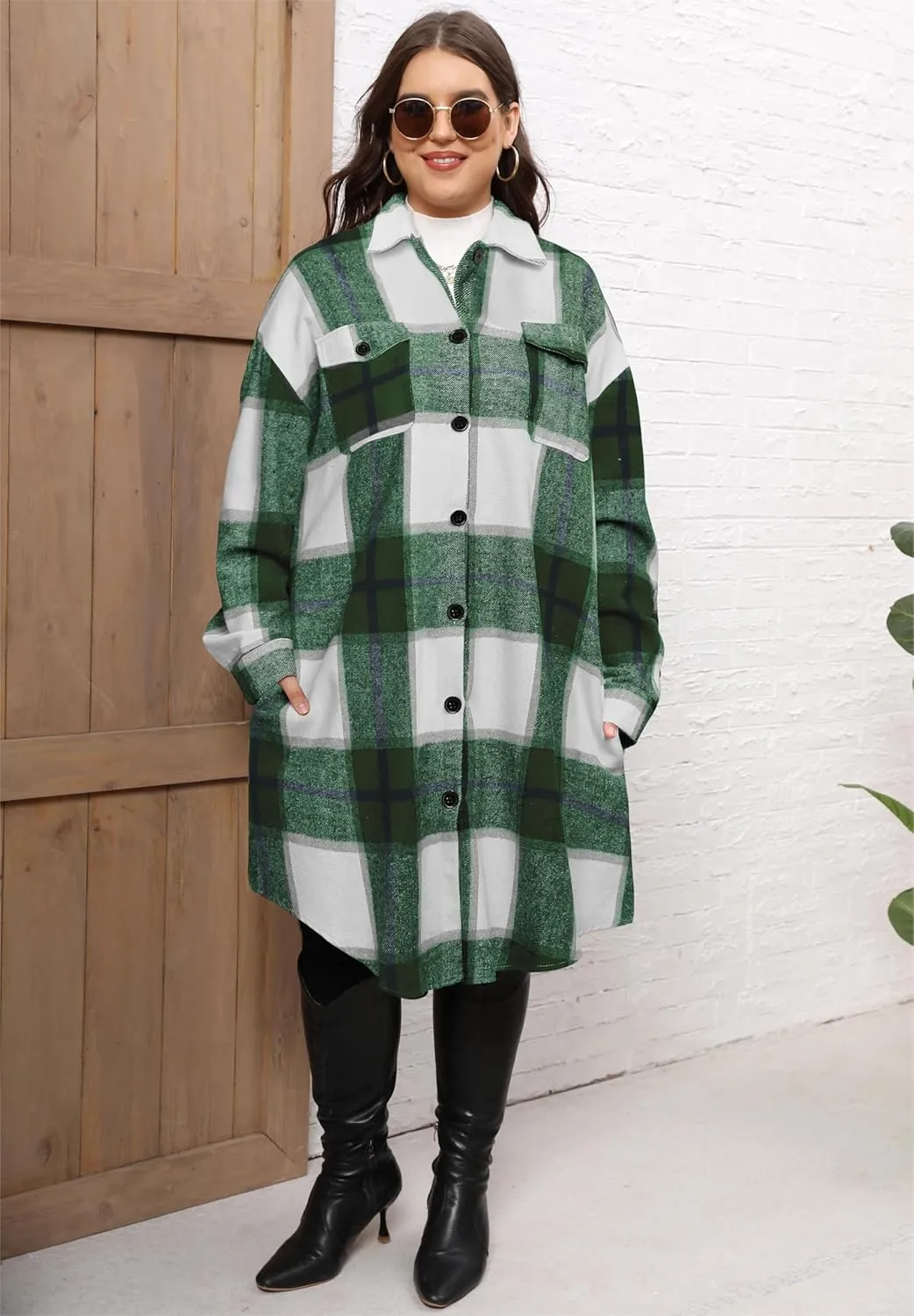 Women's 2025 Plus Size Plaid Flannel Shacket Loose Fit Long Shirts Jacket Tartan Boyfriend Oversized Coat