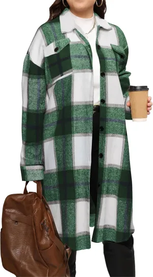 Women's 2025 Plus Size Plaid Flannel Shacket Loose Fit Long Shirts Jacket Tartan Boyfriend Oversized Coat