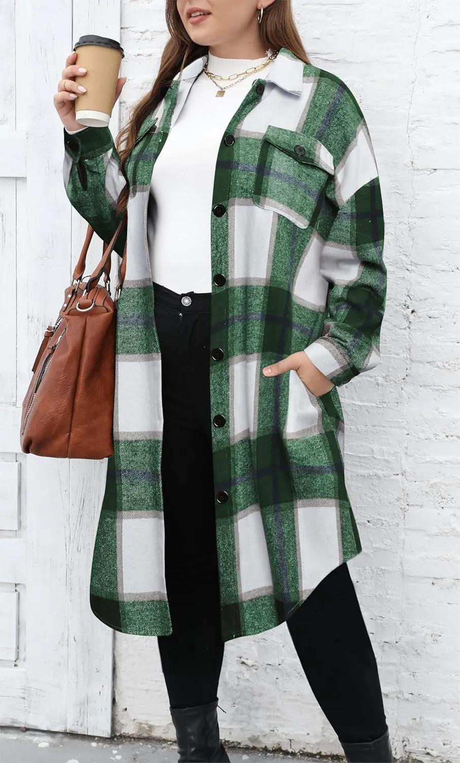 Women's 2025 Plus Size Plaid Flannel Shacket Loose Fit Long Shirts Jacket Tartan Boyfriend Oversized Coat