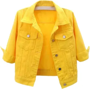 Womens 3/4 Sleeve Short Denim Jacket Plus Size, Basic Lapel Button Down Cropped Casual Jean Jackets Trucker Coats