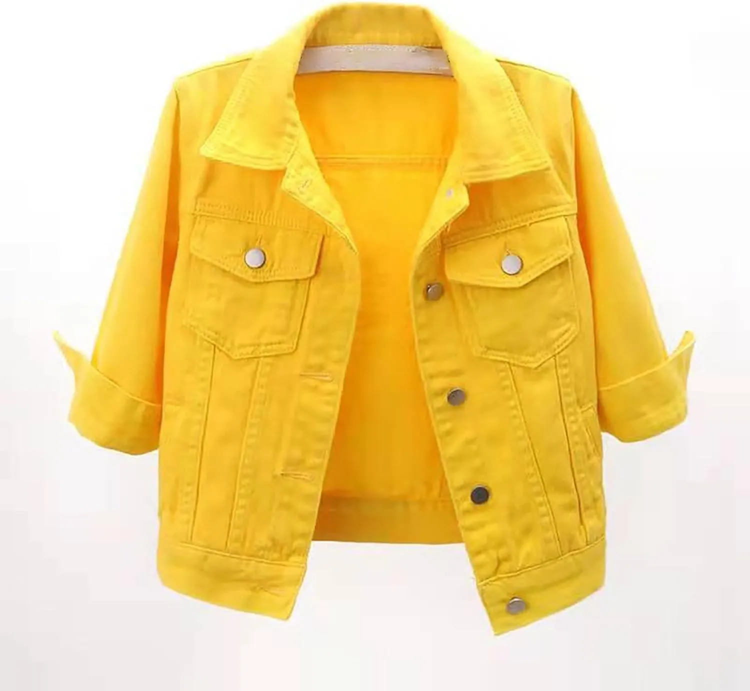 Womens 3/4 Sleeve Short Denim Jacket Plus Size, Basic Lapel Button Down Cropped Casual Jean Jackets Trucker Coats