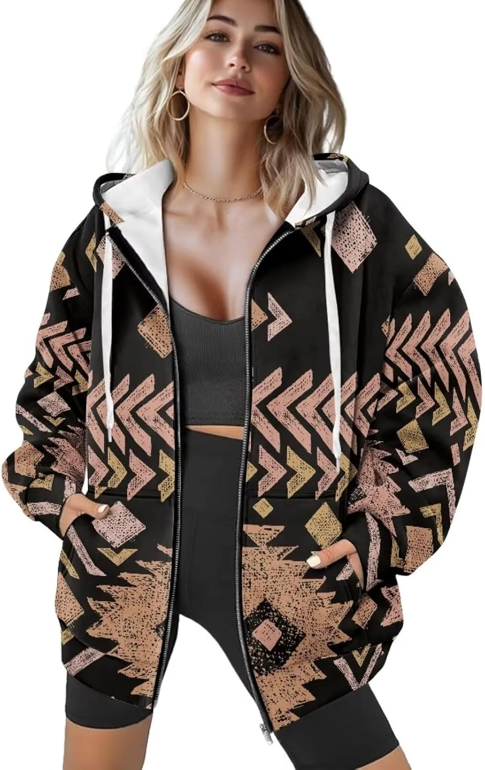 Women's Aztec Print Hoodies Casual Long Sleeve Zip Up Ethnic Western Drawstring Hooded Sweatshirts with Pockets