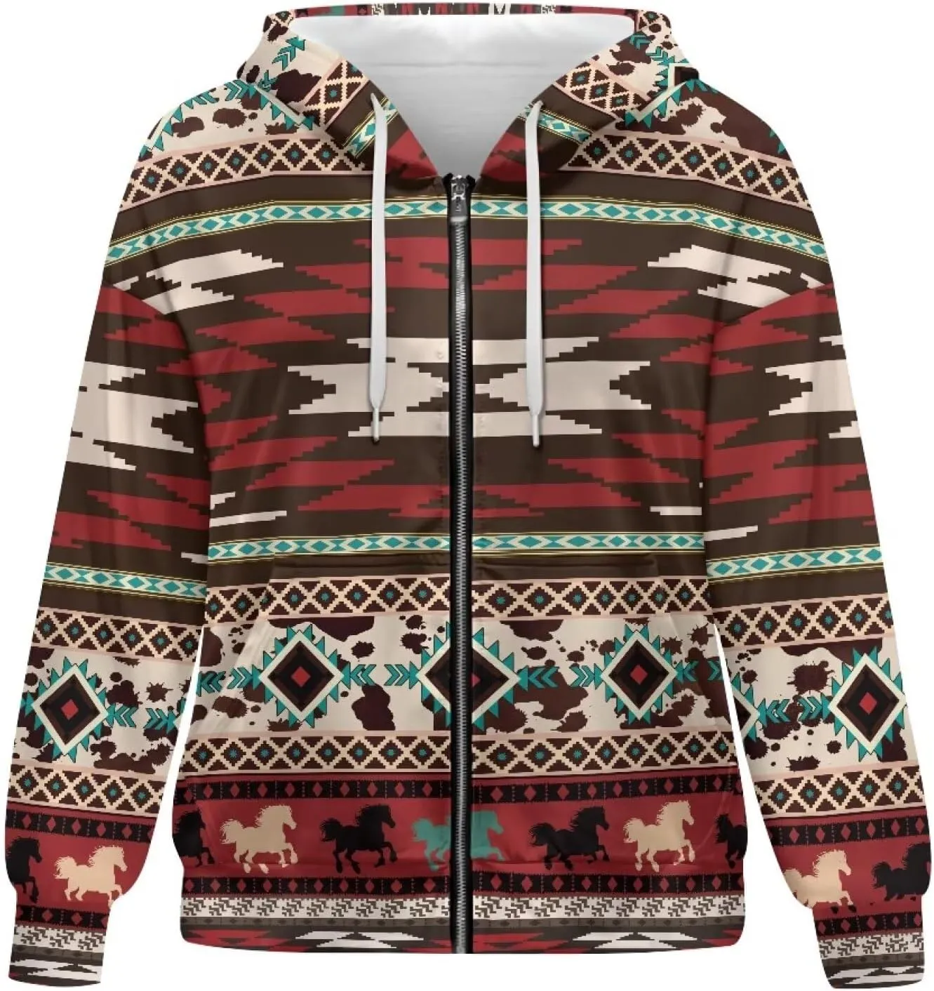 Women's Aztec Print Hoodies Casual Long Sleeve Zip Up Ethnic Western Drawstring Hooded Sweatshirts with Pockets