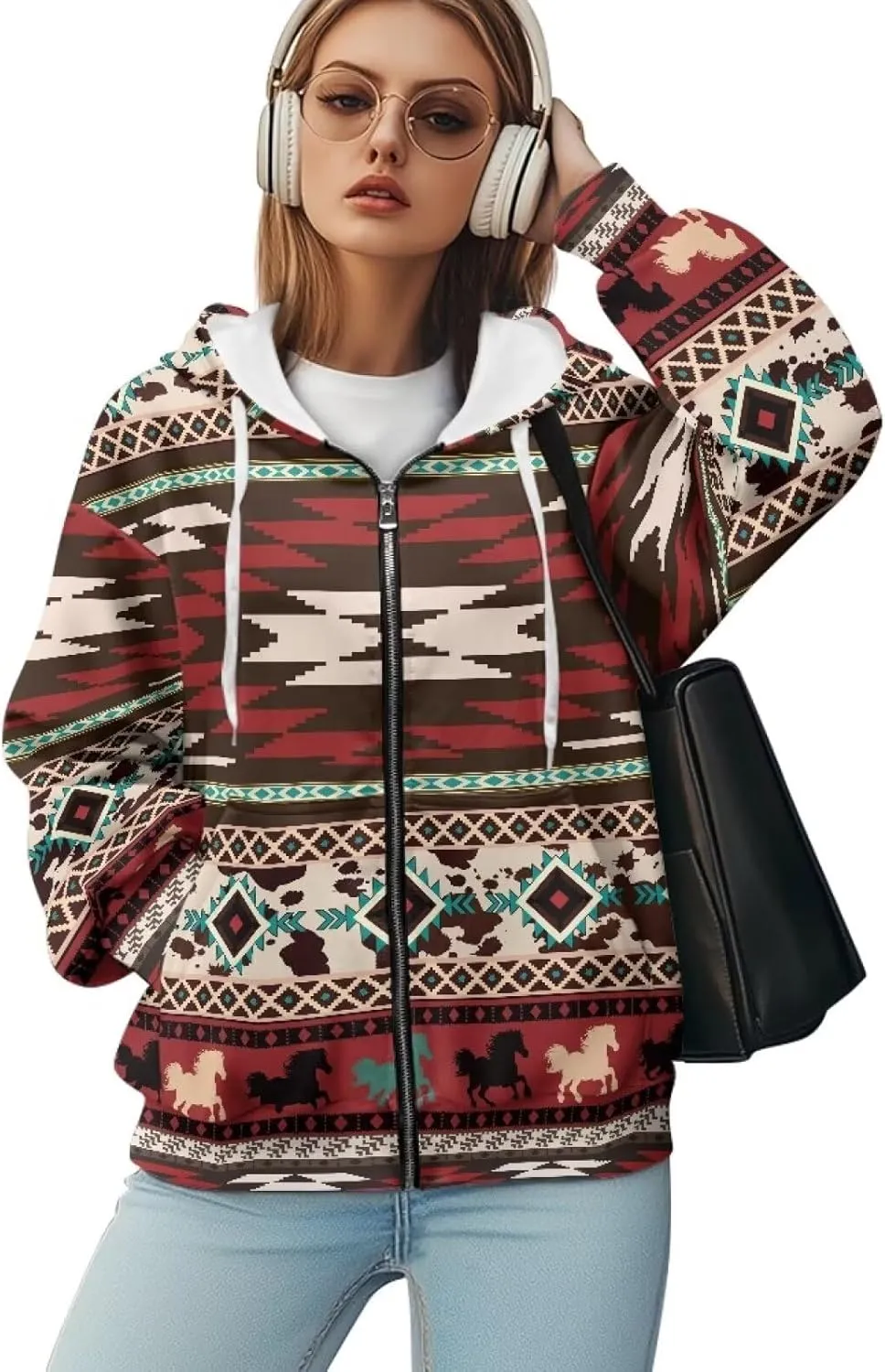 Women's Aztec Print Hoodies Casual Long Sleeve Zip Up Ethnic Western Drawstring Hooded Sweatshirts with Pockets