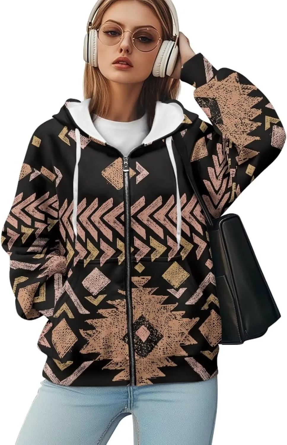 Women's Aztec Print Hoodies Casual Long Sleeve Zip Up Ethnic Western Drawstring Hooded Sweatshirts with Pockets