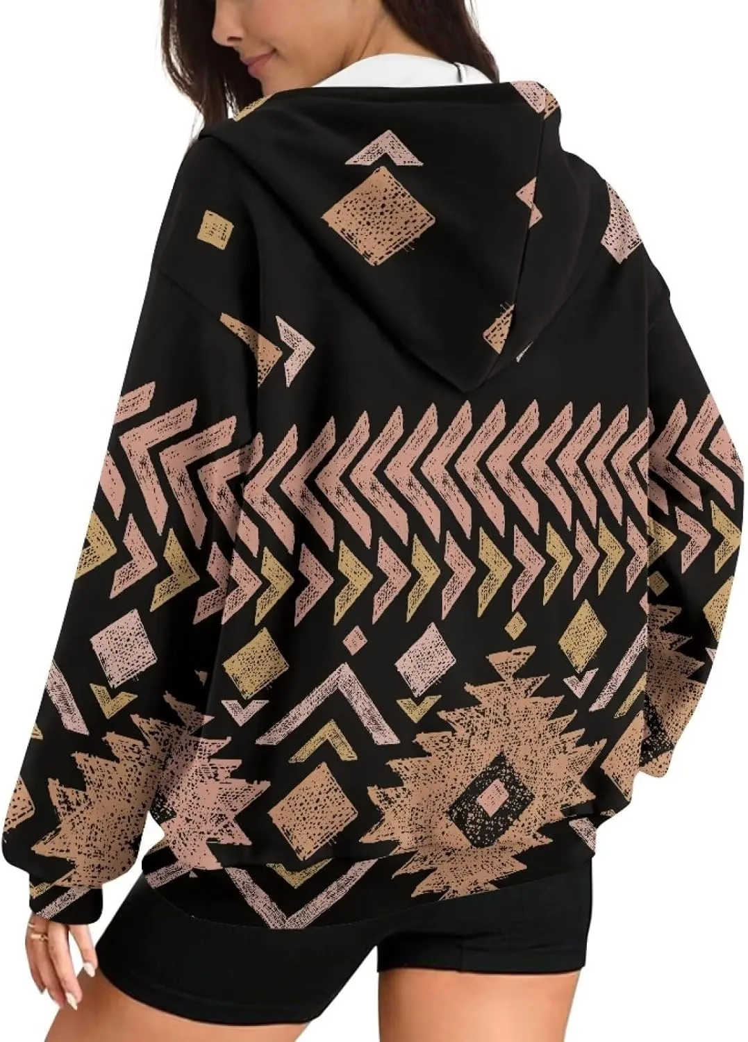 Women's Aztec Print Hoodies Casual Long Sleeve Zip Up Ethnic Western Drawstring Hooded Sweatshirts with Pockets