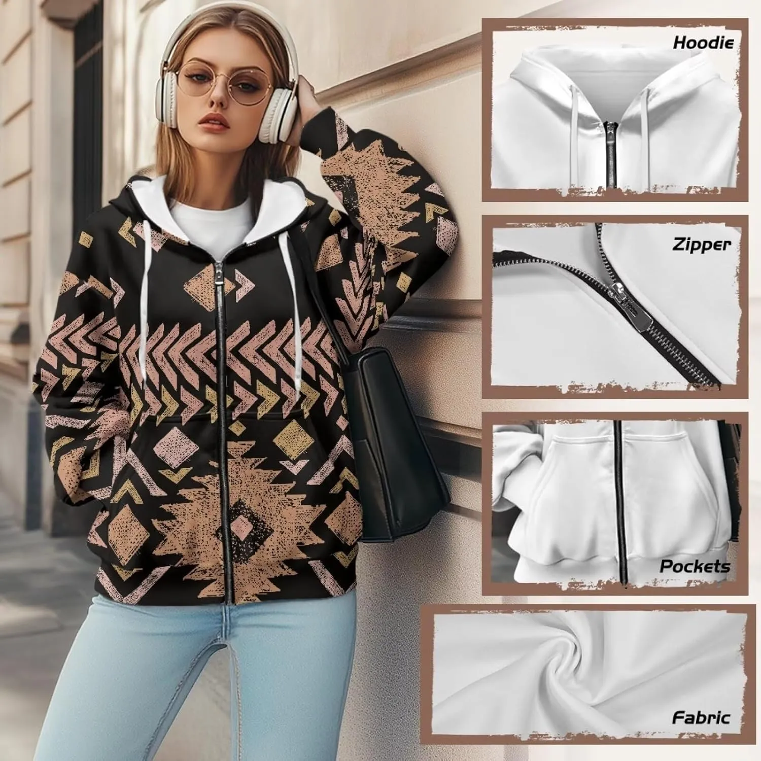 Women's Aztec Print Hoodies Casual Long Sleeve Zip Up Ethnic Western Drawstring Hooded Sweatshirts with Pockets