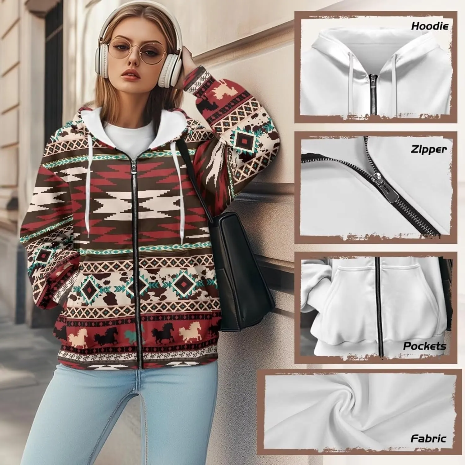 Women's Aztec Print Hoodies Casual Long Sleeve Zip Up Ethnic Western Drawstring Hooded Sweatshirts with Pockets
