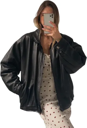 Women's Black Oversized Leather Bomber Jacket | 90's Retro Vintage Leather Jacket