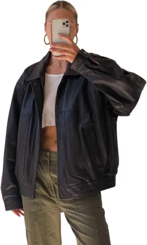 Women's Black Oversized Leather Bomber Jacket | 90's Retro Vintage Leather Jacket