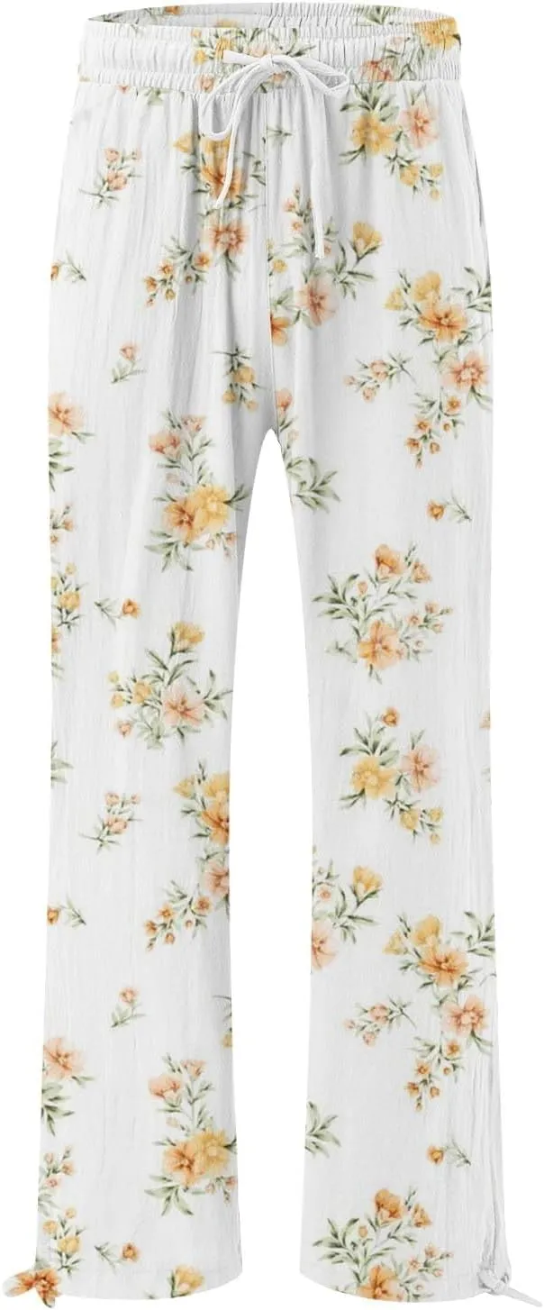 Women's Boho Floral Cotton Linen Casual Pants 2025 Summer Plus Size High Waisted Baggy Beach Trousers with Pockets