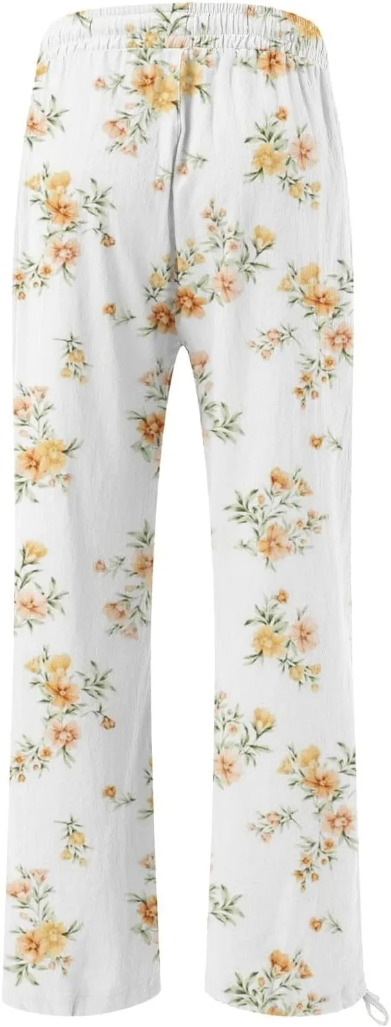 Women's Boho Floral Cotton Linen Casual Pants 2025 Summer Plus Size High Waisted Baggy Beach Trousers with Pockets
