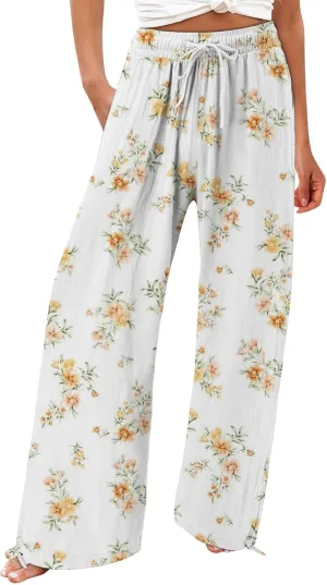 Women's Boho Floral Cotton Linen Casual Pants 2025 Summer Plus Size High Waisted Baggy Beach Trousers with Pockets