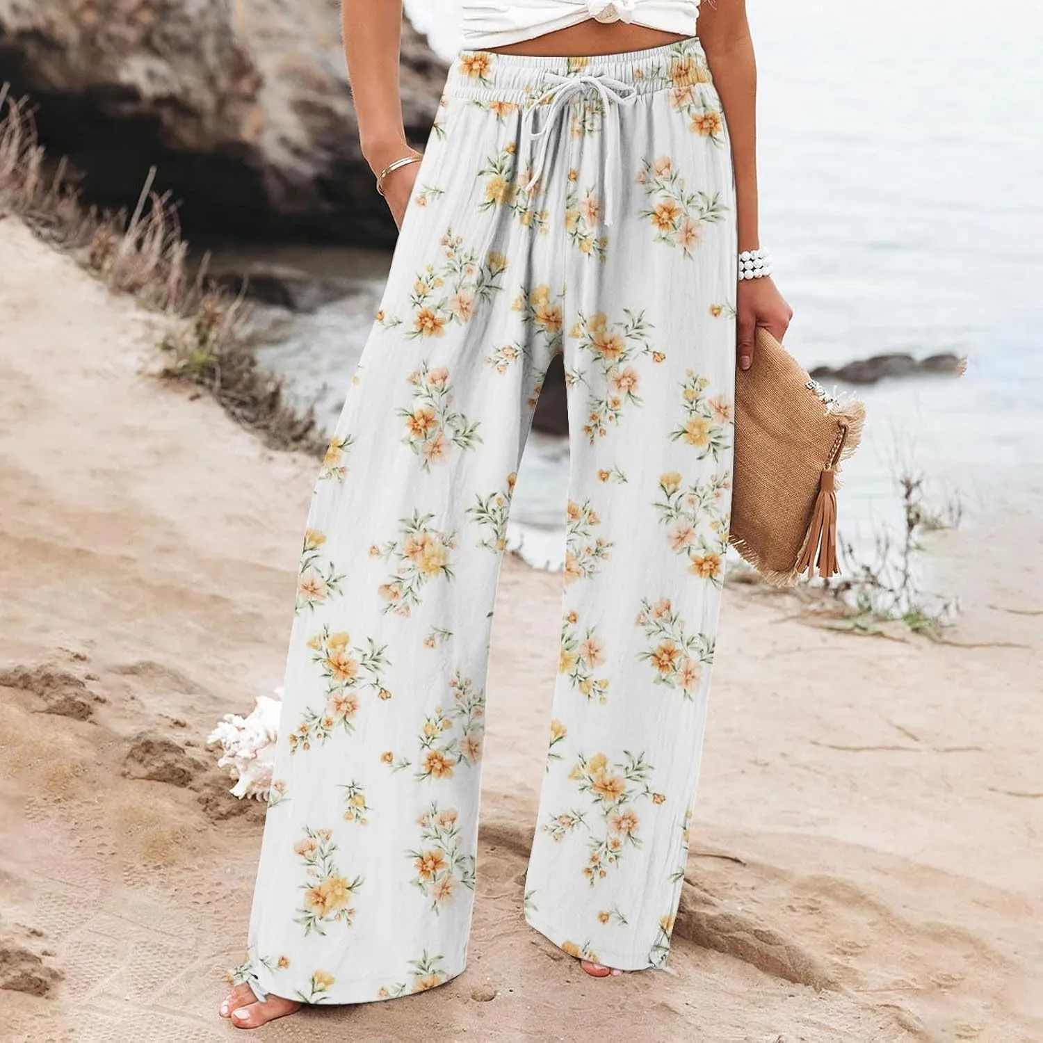 Women's Boho Floral Cotton Linen Casual Pants 2025 Summer Plus Size High Waisted Baggy Beach Trousers with Pockets