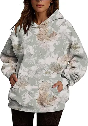 Womens Camo Hoodies Maple Leaf Print Fleece Pullover Oversized Sweatshirts Long Sleeve Sweater Tops with Pockets