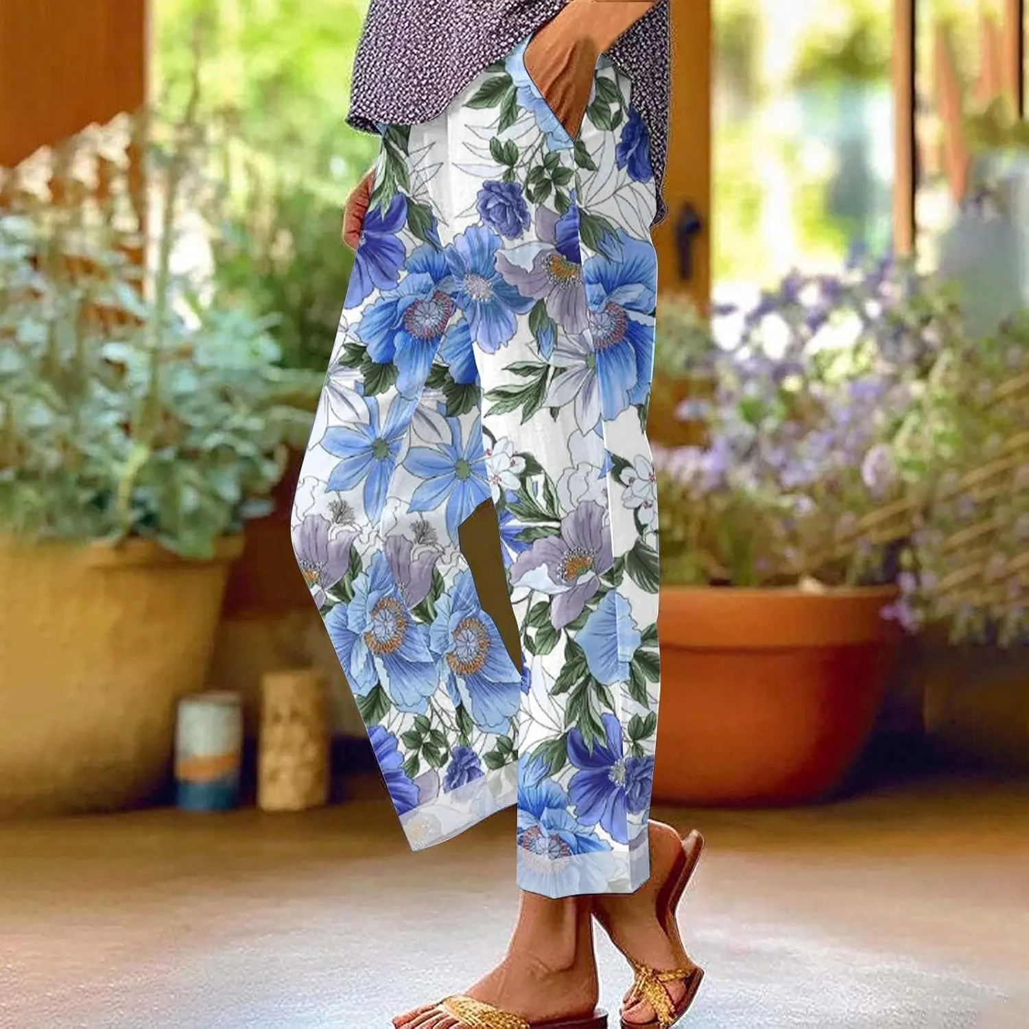 Women's Casual Boho Floral Printed Cotton Linen Pant Elastic Waisted Drawstring Summer Beach Baggy Capri with Pockets