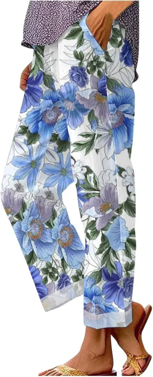 Women's Casual Boho Floral Printed Cotton Linen Pant Elastic Waisted Drawstring Summer Beach Baggy Capri with Pockets