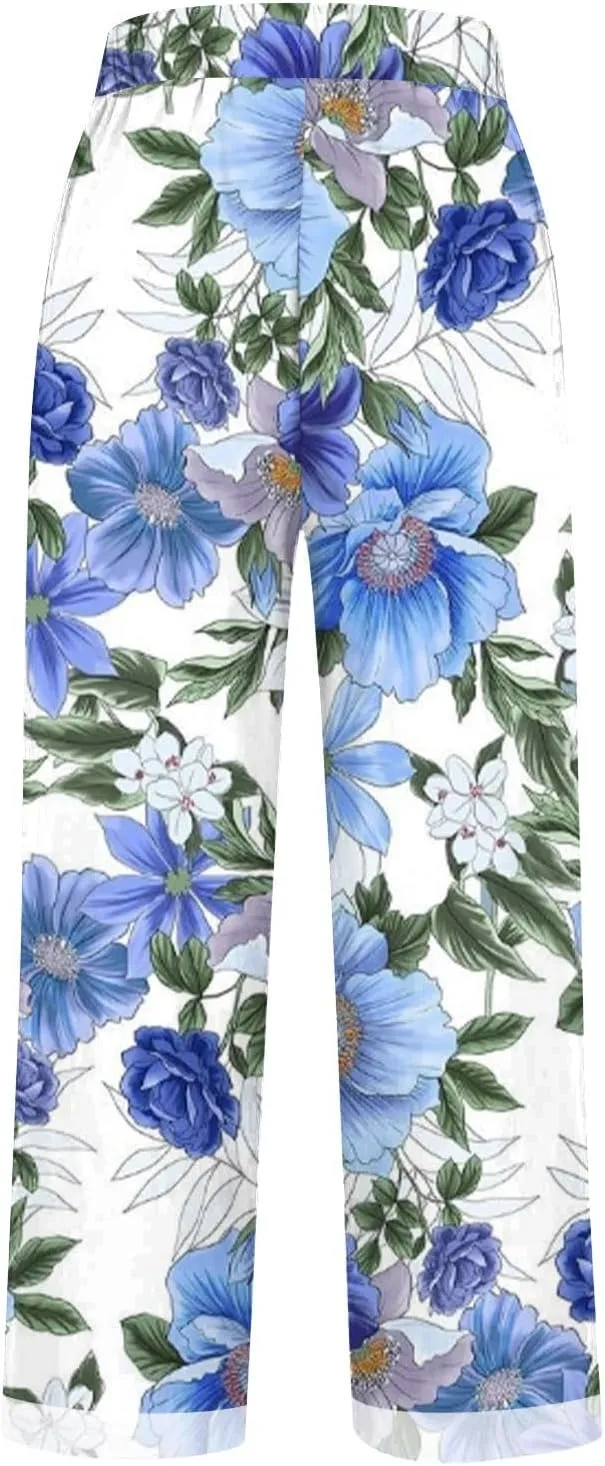 Women's Casual Boho Floral Printed Cotton Linen Pant Elastic Waisted Drawstring Summer Beach Baggy Capri with Pockets