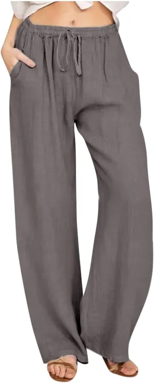 Womens Casual Cotton Linen Pants High Waist Drawstring Wide Leg Palazzo Pant Lightweight Loose Fit Lounge Trousers