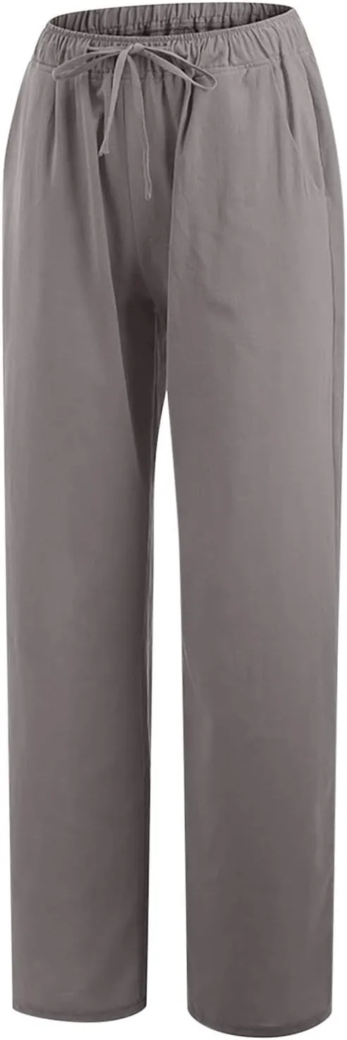 Womens Casual Cotton Linen Pants High Waist Drawstring Wide Leg Palazzo Pant Lightweight Loose Fit Lounge Trousers