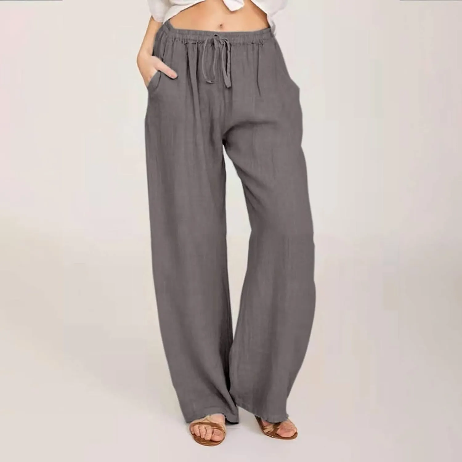 Womens Casual Cotton Linen Pants High Waist Drawstring Wide Leg Palazzo Pant Lightweight Loose Fit Lounge Trousers
