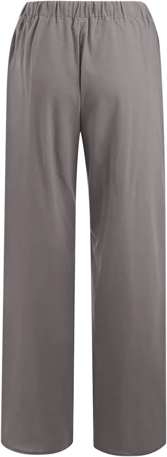 Womens Casual Cotton Linen Pants High Waist Drawstring Wide Leg Palazzo Pant Lightweight Loose Fit Lounge Trousers