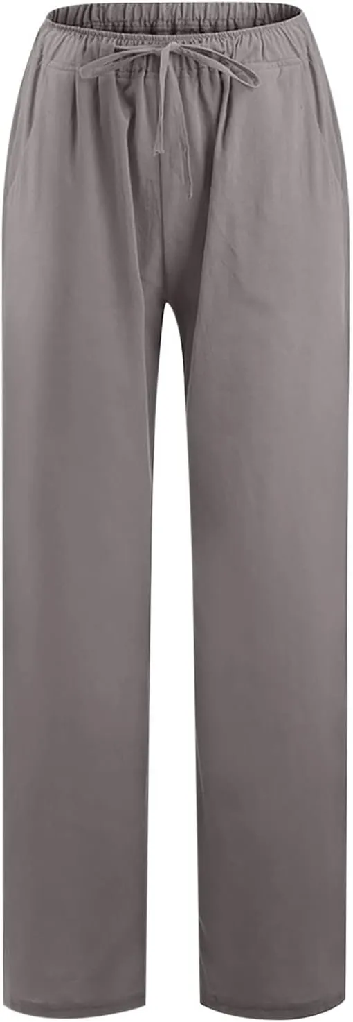 Womens Casual Cotton Linen Pants High Waist Drawstring Wide Leg Palazzo Pant Lightweight Loose Fit Lounge Trousers