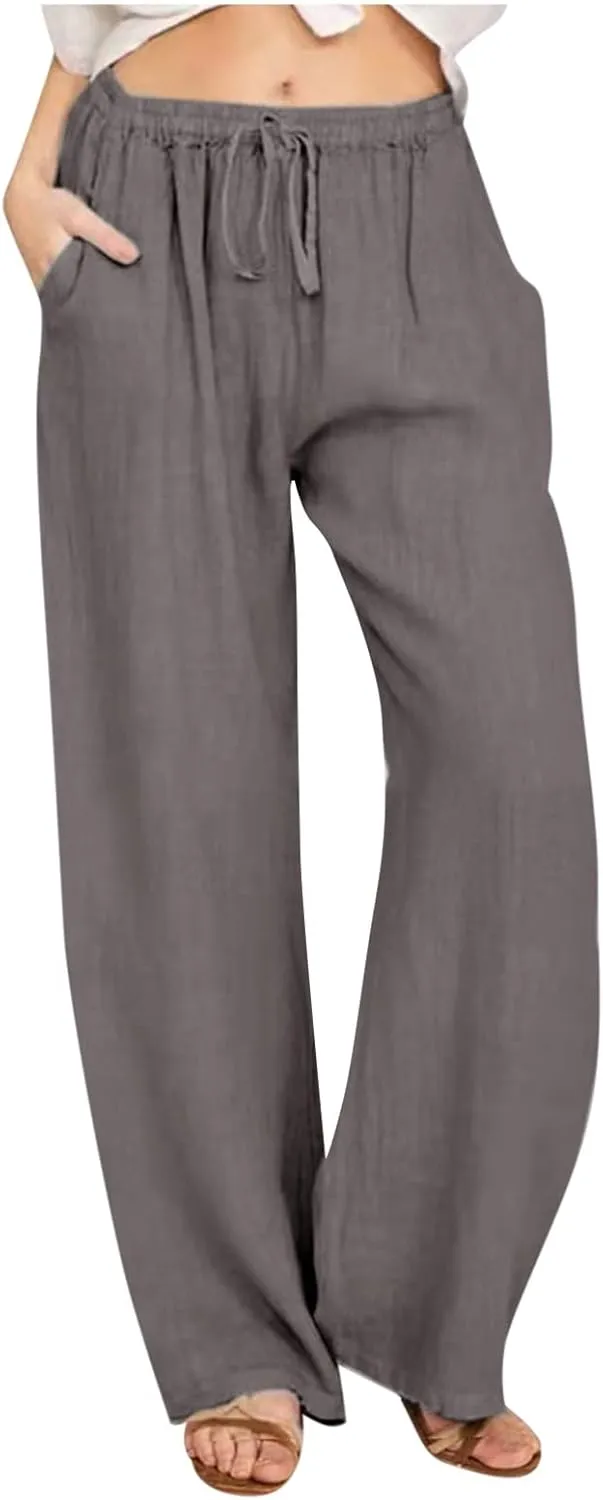 Womens Casual Cotton Linen Pants High Waist Drawstring Wide Leg Palazzo Pant Lightweight Loose Fit Lounge Trousers