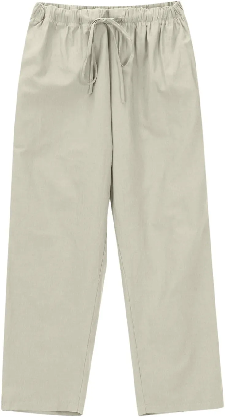 Women's Casual Cotton Linen Pants Summer Wide Straight Leg Lounge Trousers Elastic Waist Drawstring Pant with Pockets