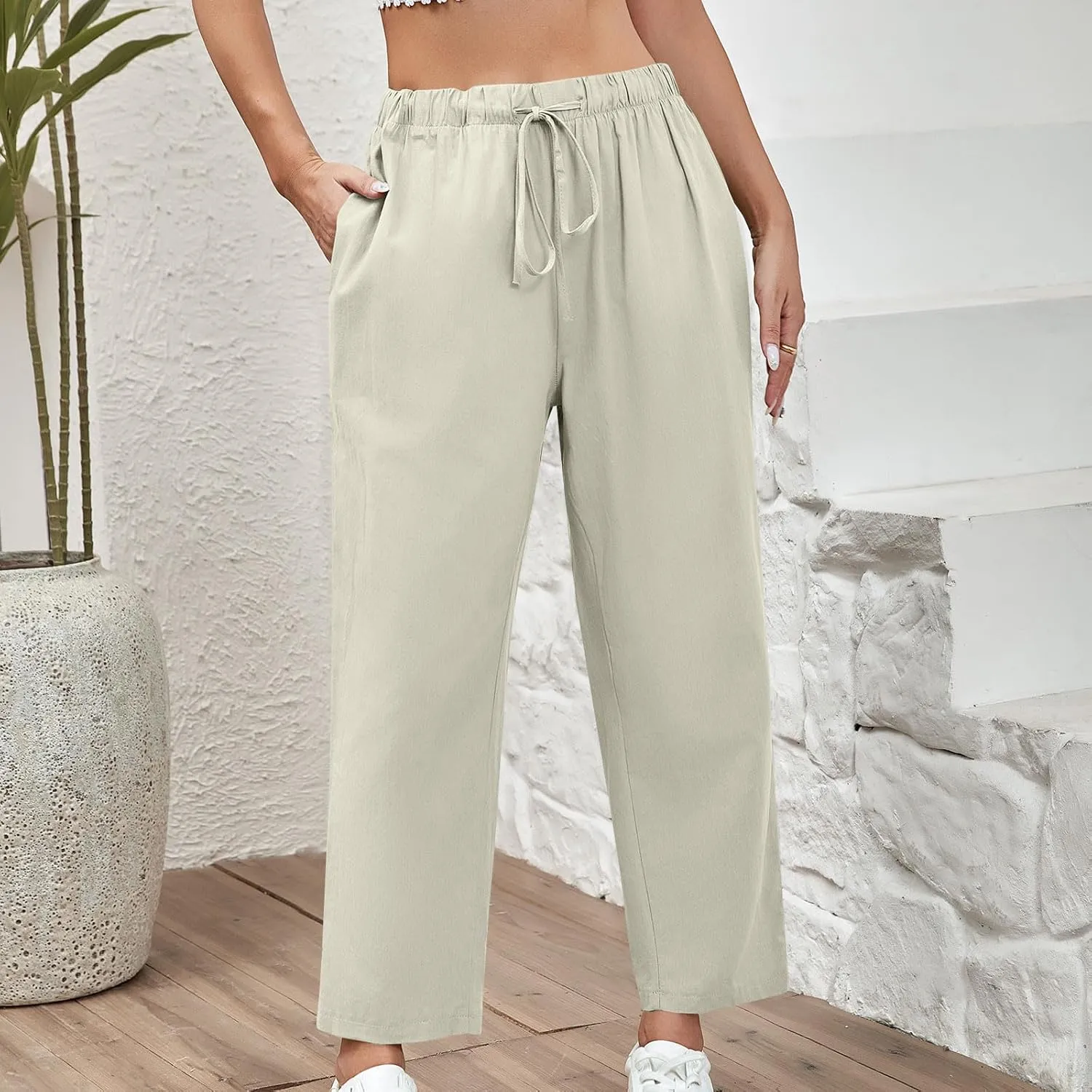 Women's Casual Cotton Linen Pants Summer Wide Straight Leg Lounge Trousers Elastic Waist Drawstring Pant with Pockets