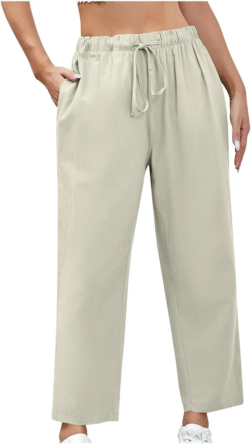 Women's Casual Cotton Linen Pants Summer Wide Straight Leg Lounge Trousers Elastic Waist Drawstring Pant with Pockets
