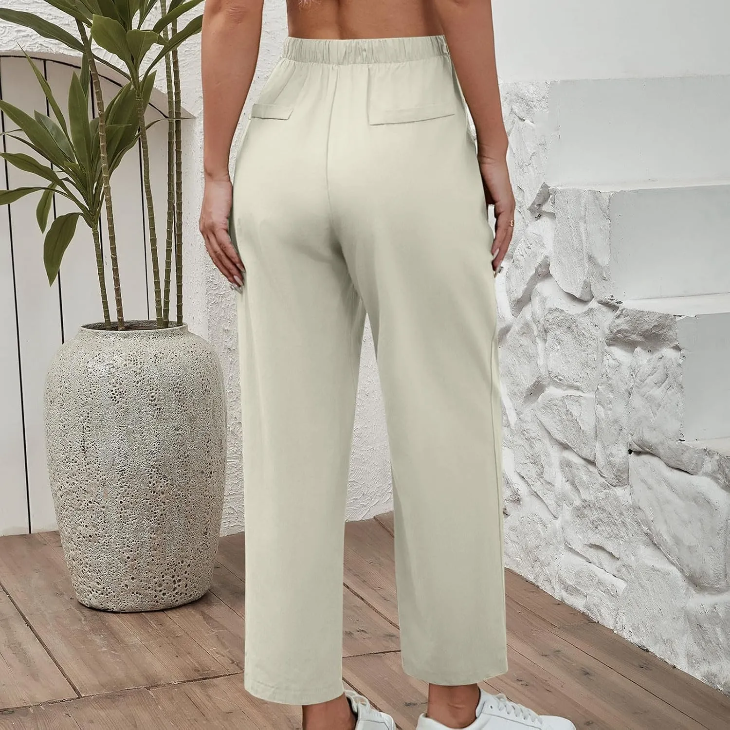 Women's Casual Cotton Linen Pants Summer Wide Straight Leg Lounge Trousers Elastic Waist Drawstring Pant with Pockets
