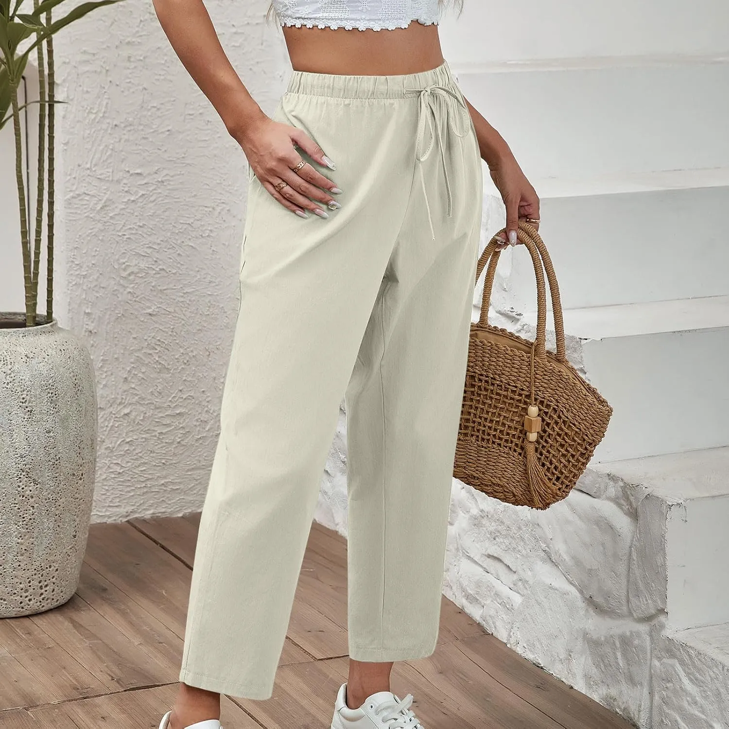 Women's Casual Cotton Linen Pants Summer Wide Straight Leg Lounge Trousers Elastic Waist Drawstring Pant with Pockets