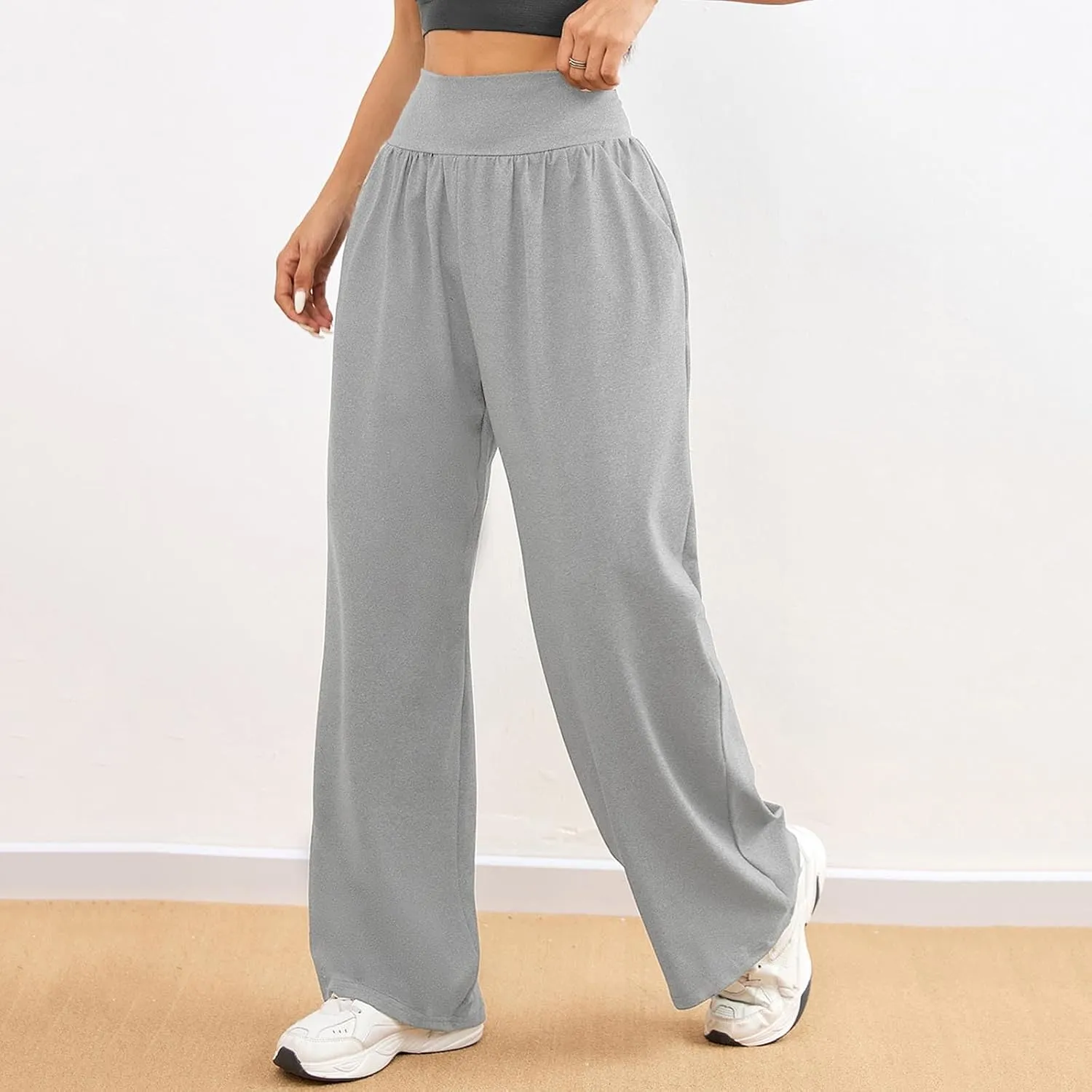 Womens Casual High Waist Elastic Yoga Pants Solid Color Straight Wide Leg Sports Pants Fashion Loose Fit Trousers
