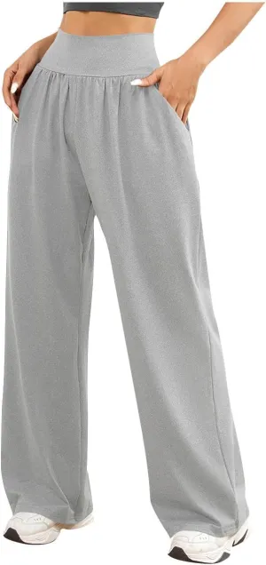 Womens Casual High Waist Elastic Yoga Pants Solid Color Straight Wide Leg Sports Pants Fashion Loose Fit Trousers