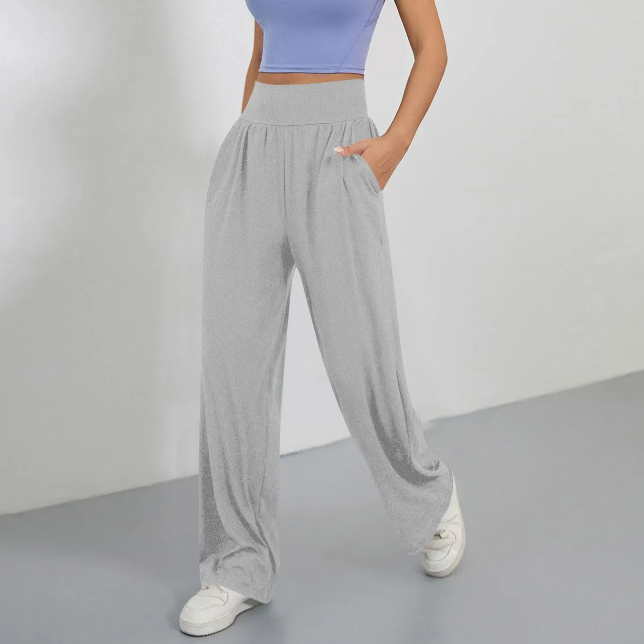 Womens Casual High Waist Elastic Yoga Pants Solid Color Straight Wide Leg Sports Pants Fashion Loose Fit Trousers