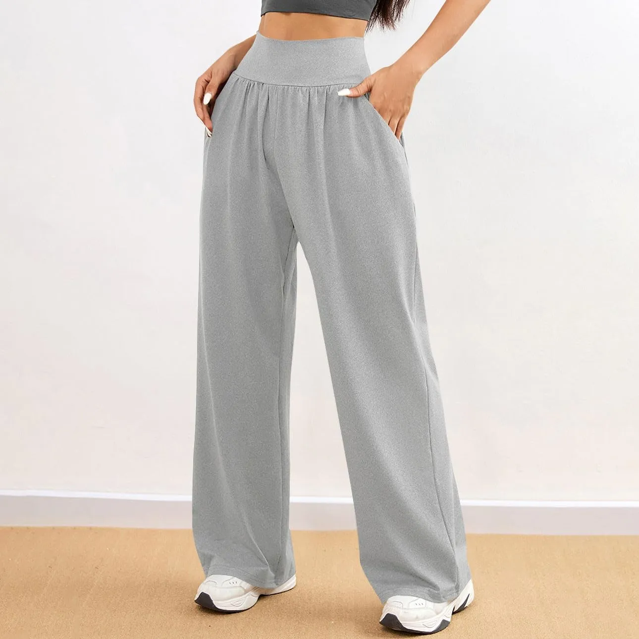 Womens Casual High Waist Elastic Yoga Pants Solid Color Straight Wide Leg Sports Pants Fashion Loose Fit Trousers