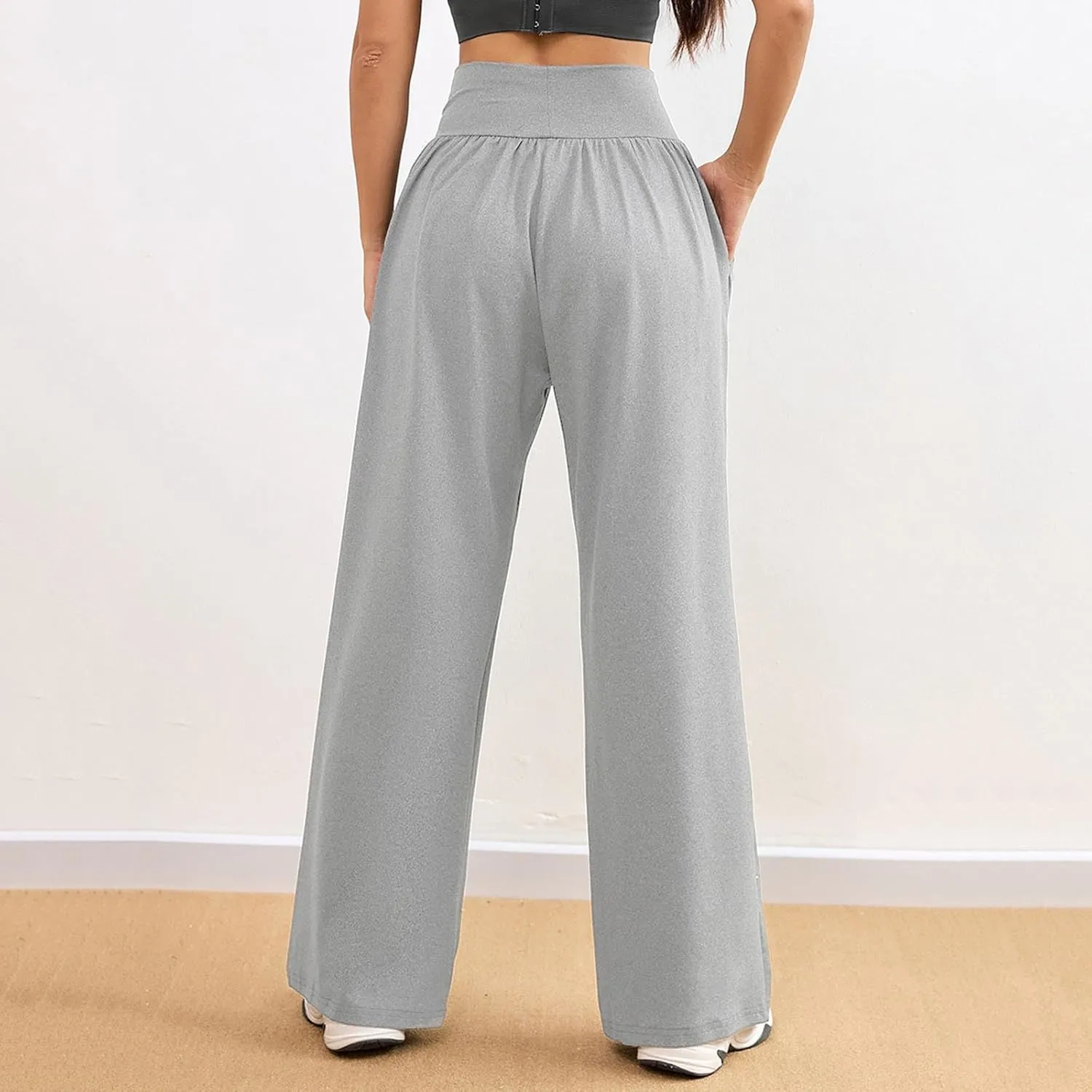 Womens Casual High Waist Elastic Yoga Pants Solid Color Straight Wide Leg Sports Pants Fashion Loose Fit Trousers